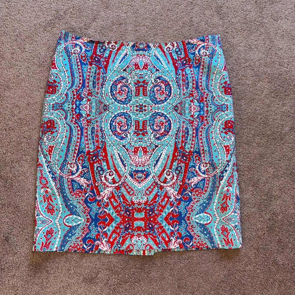 Jones New York Aqua Red Paisley Cotton Lined Pencil Skirt 16
